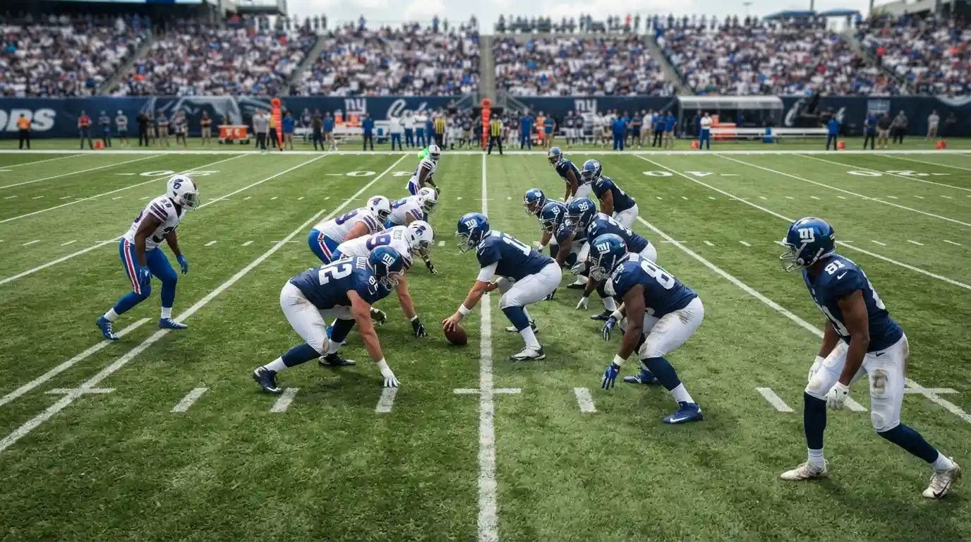 American-Football-Spielfeld mit zwei Teams in Helmen und Schulterpolstern an der Line of Scrimmage