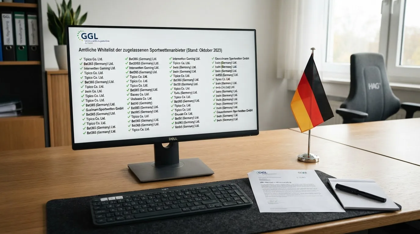 Ansicht des regulierten deutschen Sportwettenmarktes mit der GGL-Whitelist auf einem Monitor