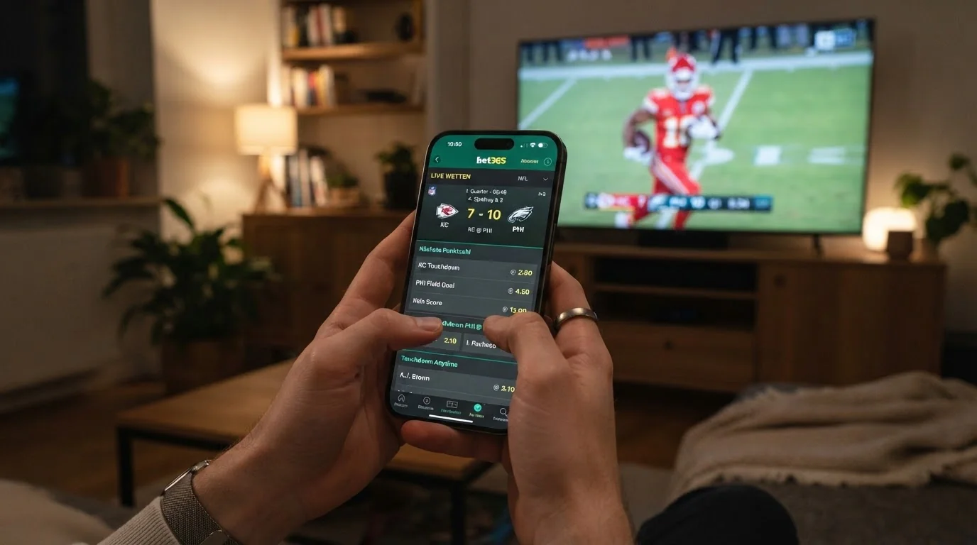 Live-Wetten während eines laufenden NFL-Spiels auf dem Smartphone mit wechselnden Quoten