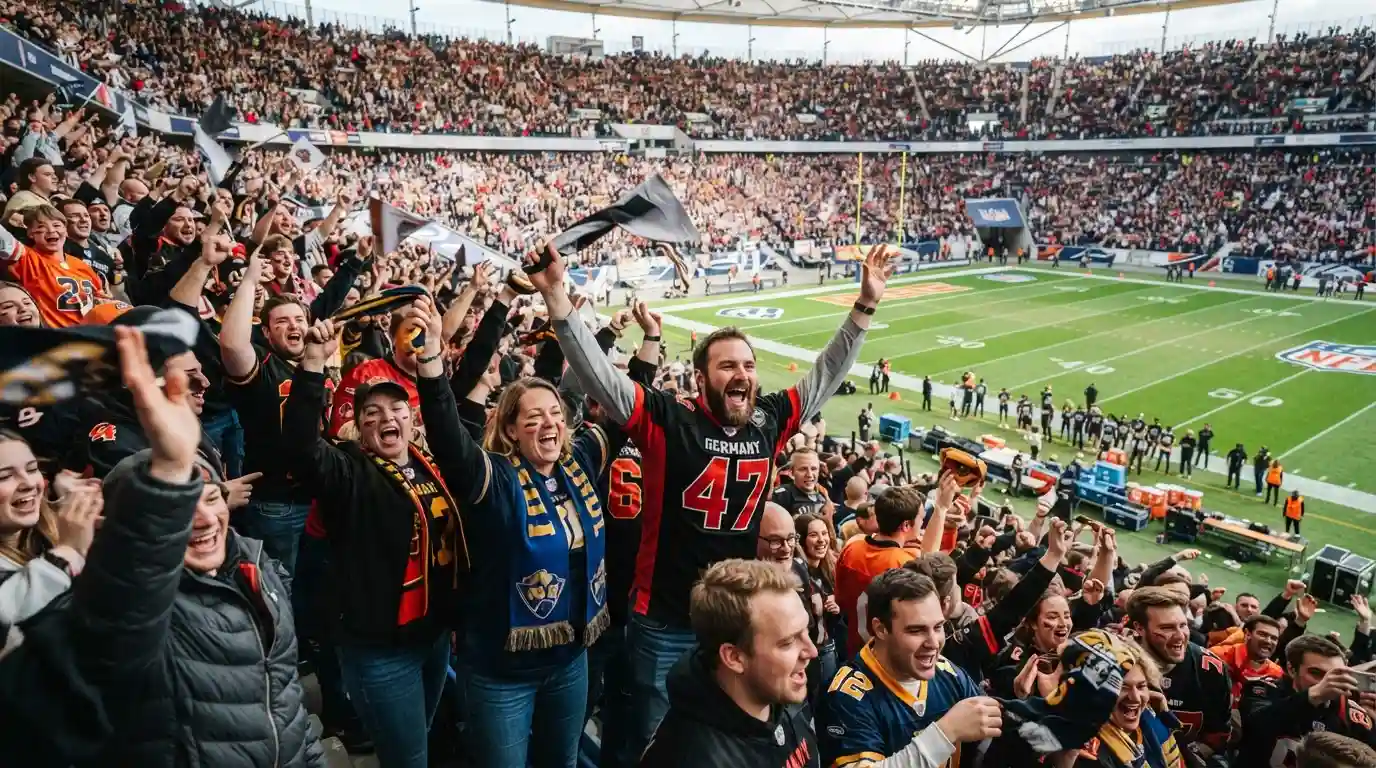 Begeisterte Football-Fans mit Trikots in einem deutschen Stadion bei einem NFL-Spiel
