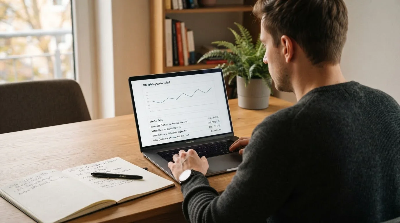 Person analysiert NFL-Quoten und die Buchmacher-Marge an einem Laptop mit einer einfachen Liniengrafik