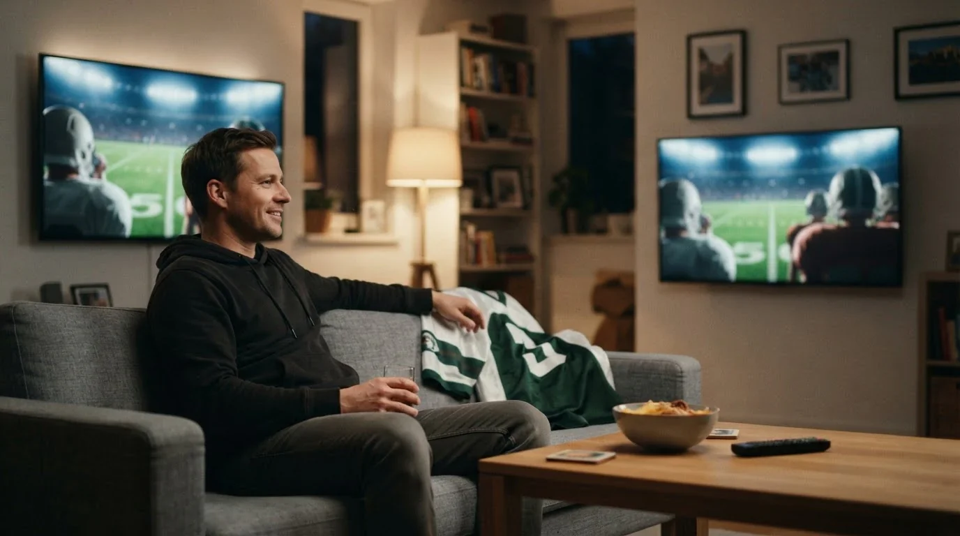 Football-Fan in Deutschland verfolgt ein NFL-Spiel am Fernseher im Wohnzimmer