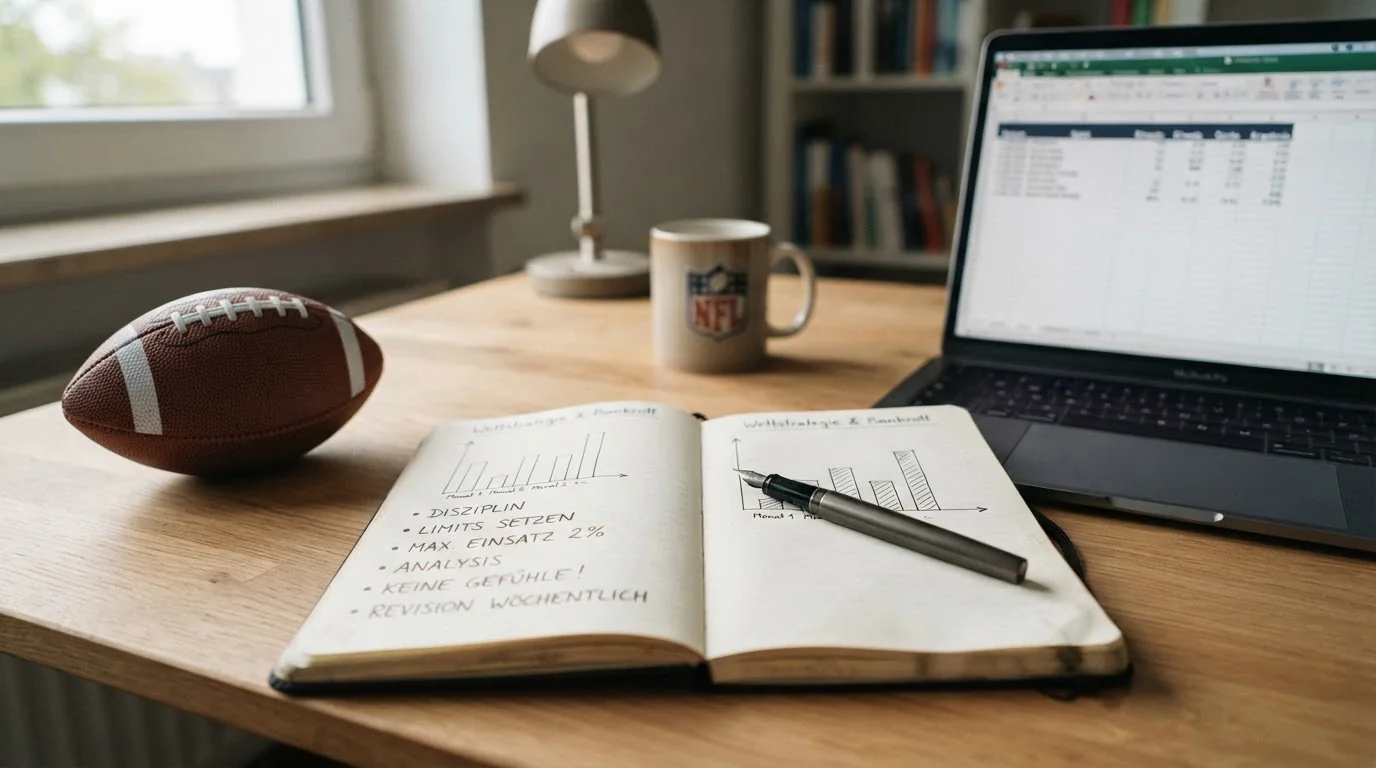 Person plant eine NFL-Wettstrategie mit Notizbuch und festem Bankroll-Management am Schreibtisch