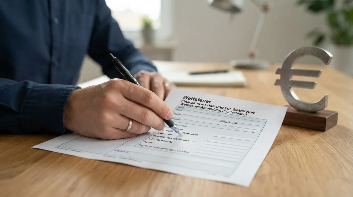 Person prüft mit einem Stift ein Dokument zur deutschen Wettsteuer von 5,3 Prozent neben einem Euro-Zeichen